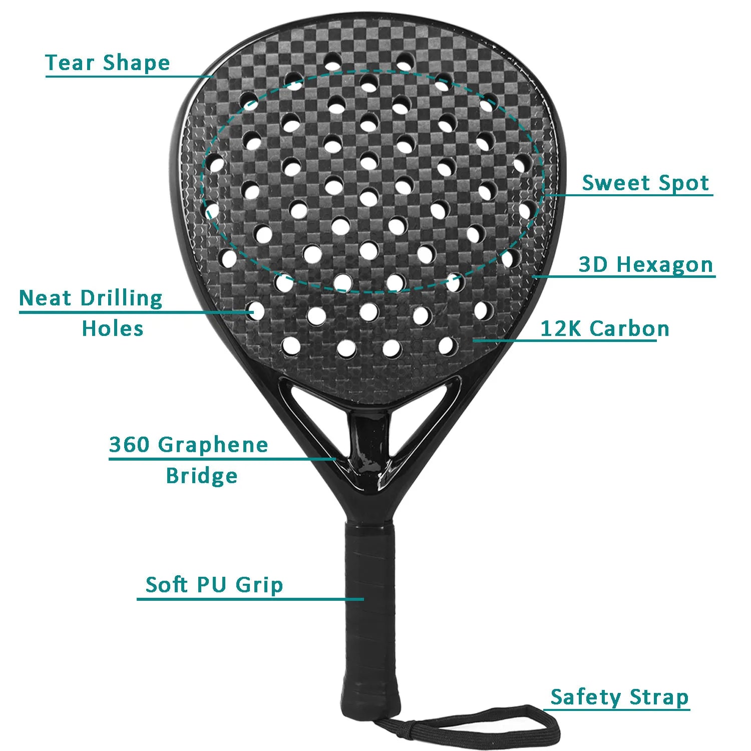 Carbon Fibre Padel Racket – EVA Memory Core – Rough Surface – Lightweight